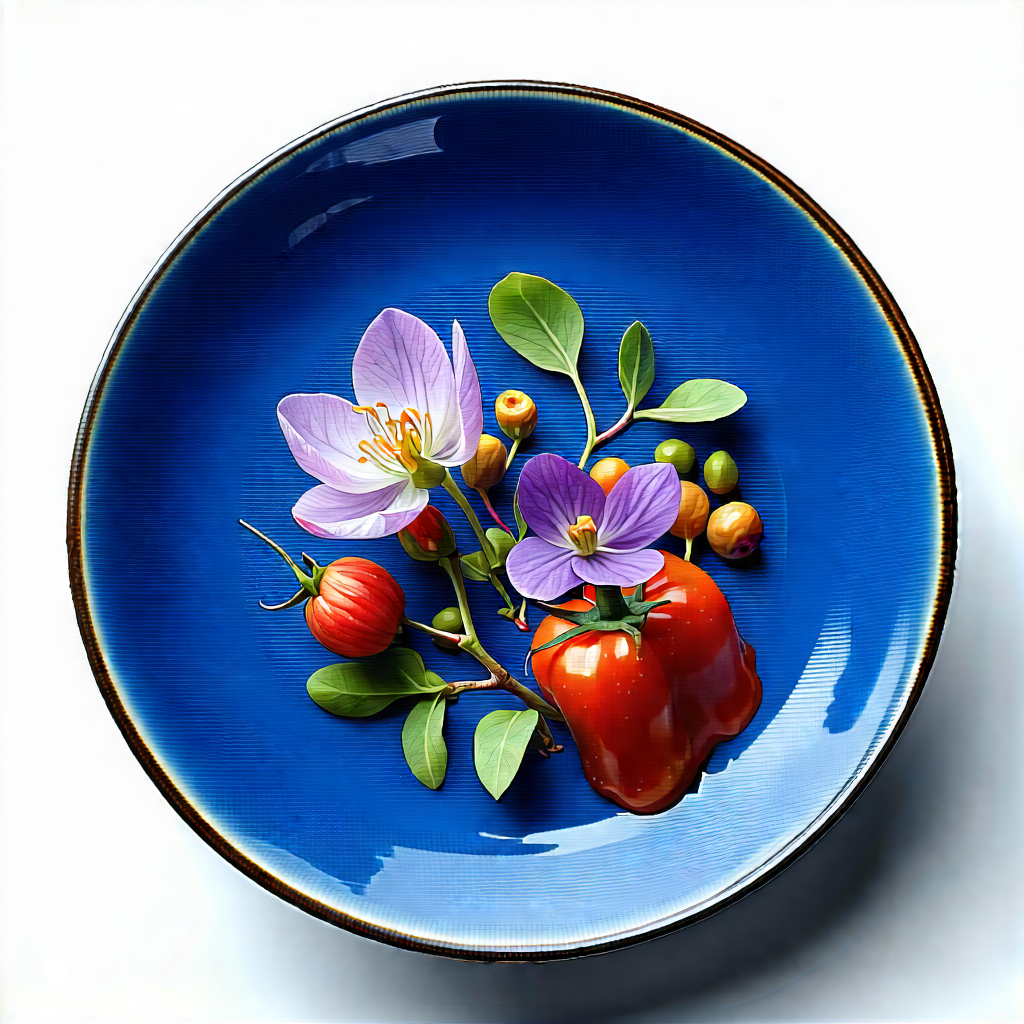 Lifestyle Pastel Drawing: Plant-based Dish Prepared With Seasonal Produce With Blue Plate