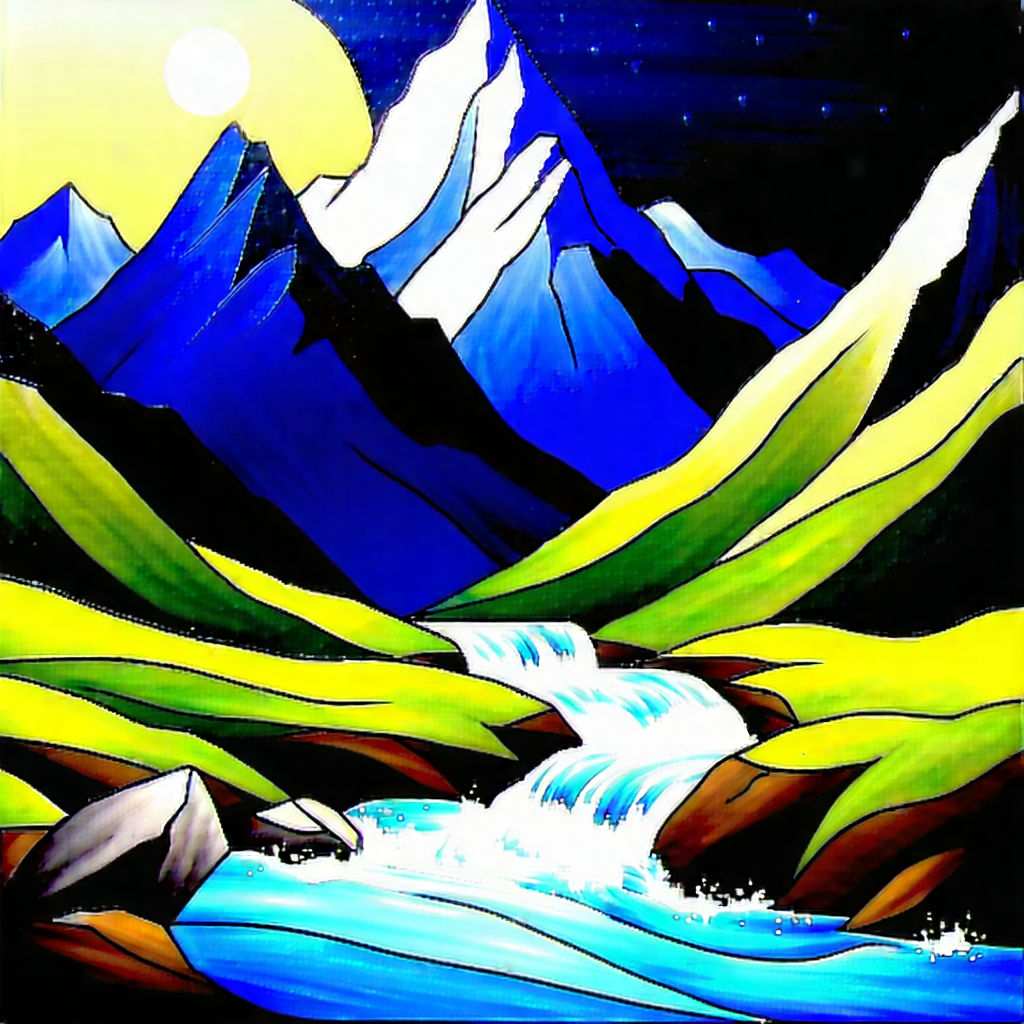 Nature Oil Painting: Mountain stream surrounded by mountain peaks