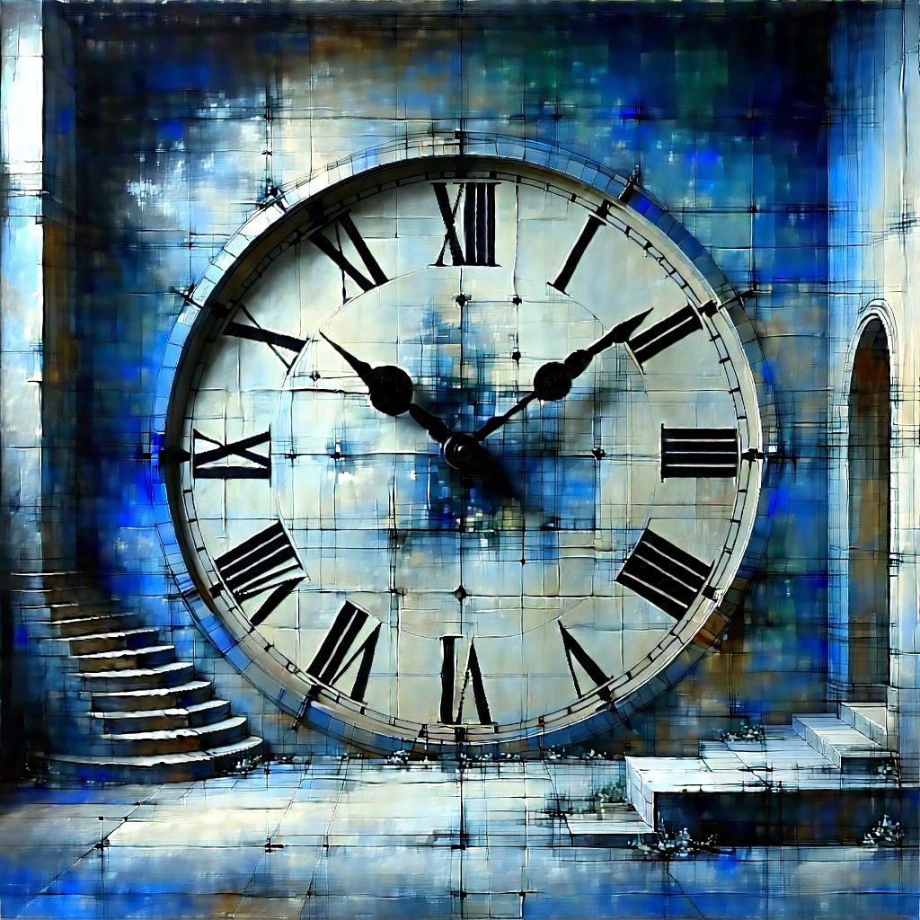 Abstract Blueprint Style: Time Represented Through Textural Contrasts With Large Clock