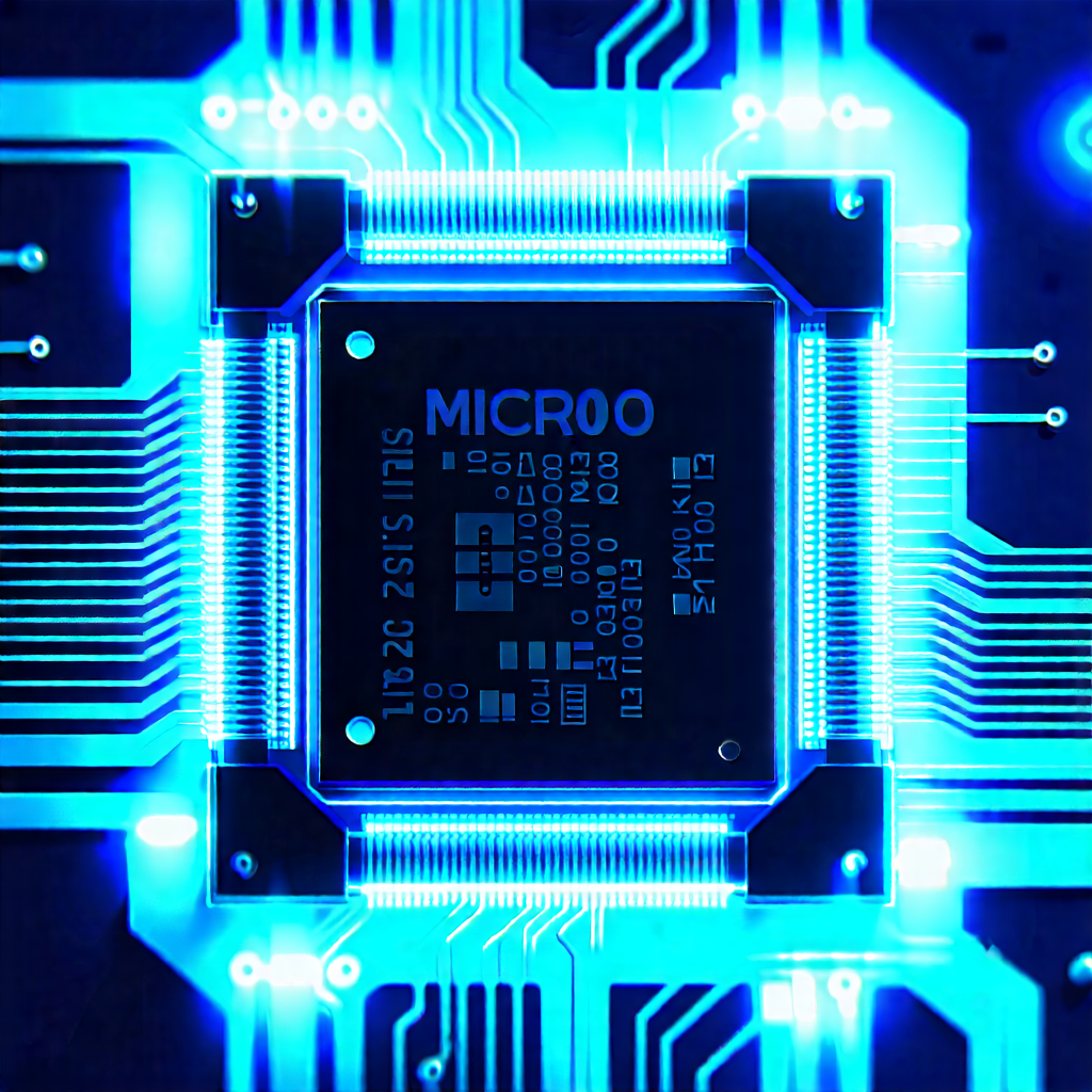 Tech Advertising Photography: Microchip with blue light (glow:1.14)