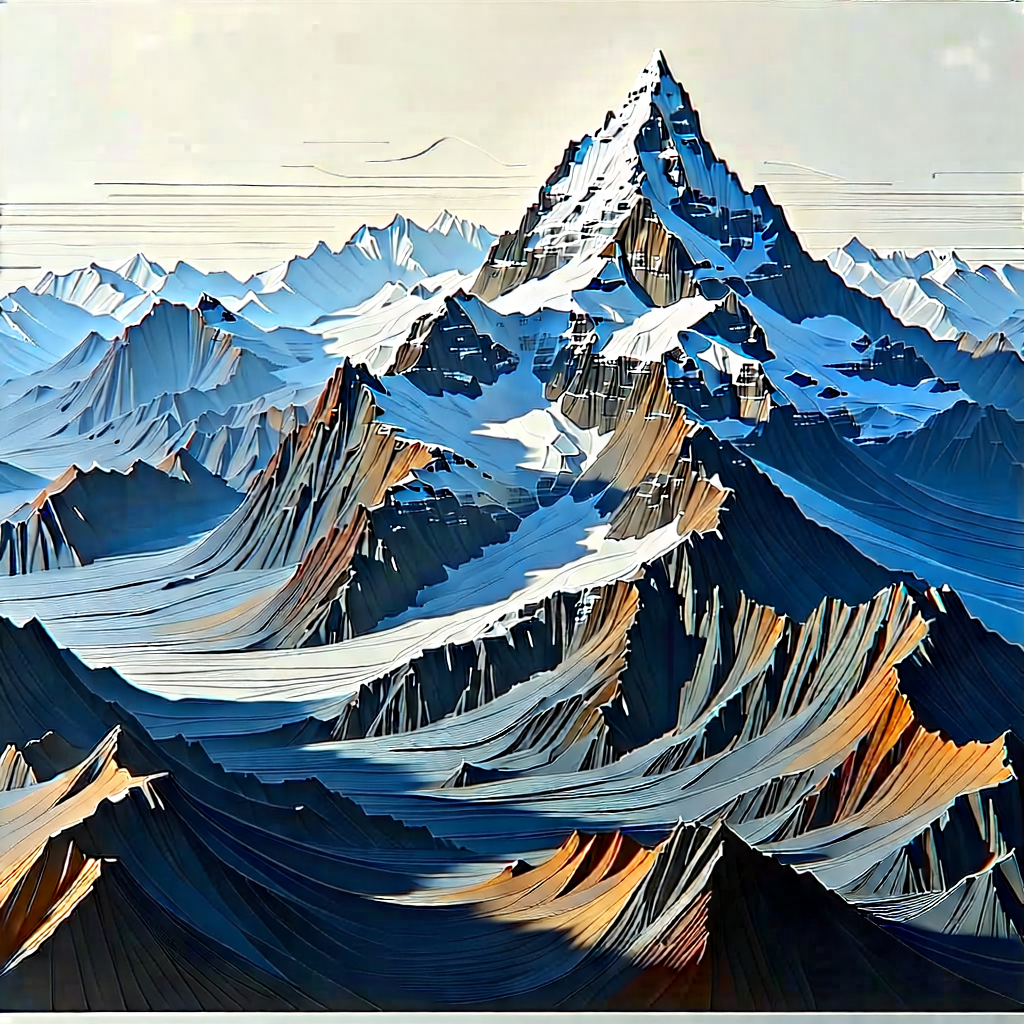 Nature Linocut Print: Aerial View Of Mountain Range With Large Mountain