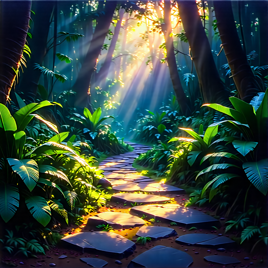Nature Pastel Drawing: Path Through Tropical Jungle With Serene Forest