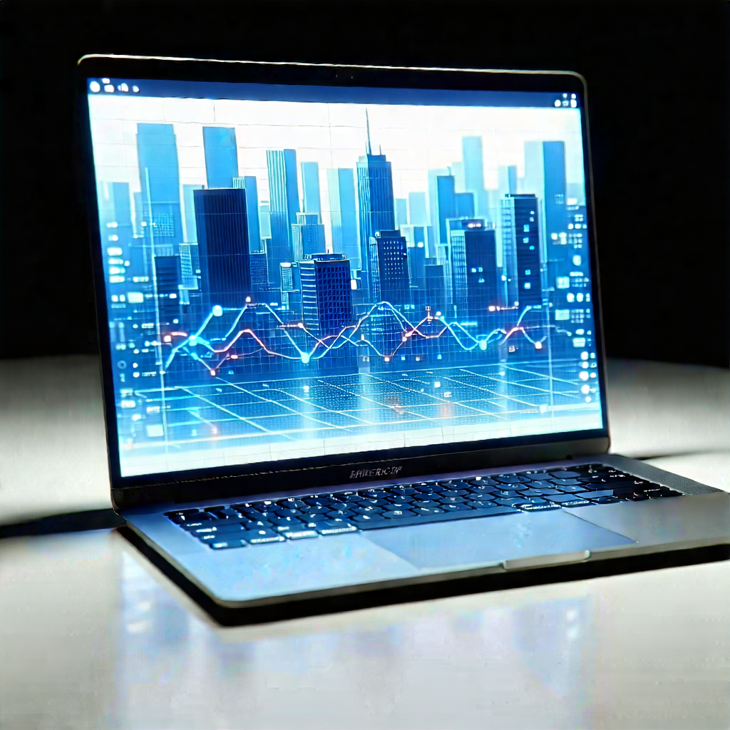 Tech Lithograph: Laptop With Data Visualization With Laptop Computer