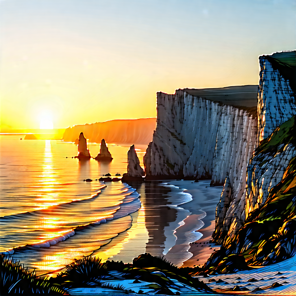 Nature Etching: Coastal Cliff During (sunset:1.41) With Beautiful Beach
