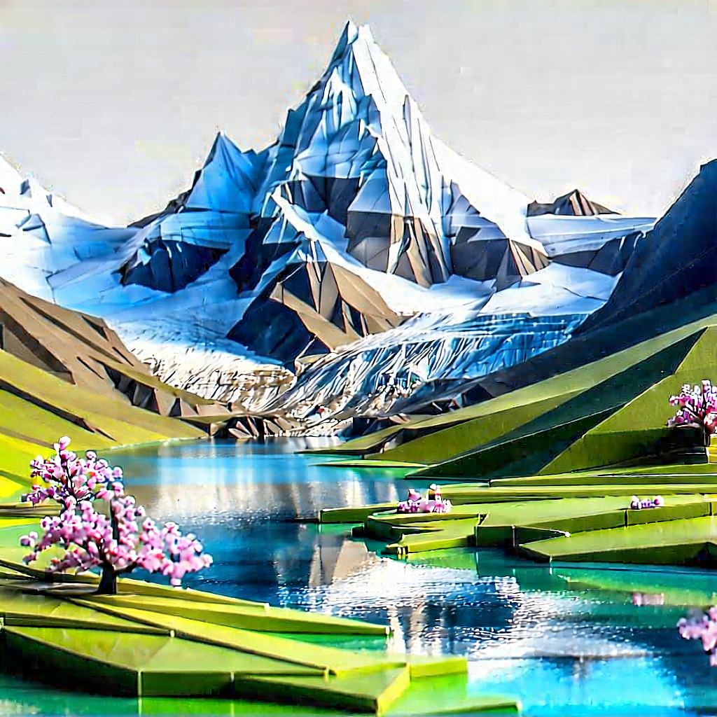 Nature Low Poly: Glacier In Spring Bloom With Beautiful Landscape