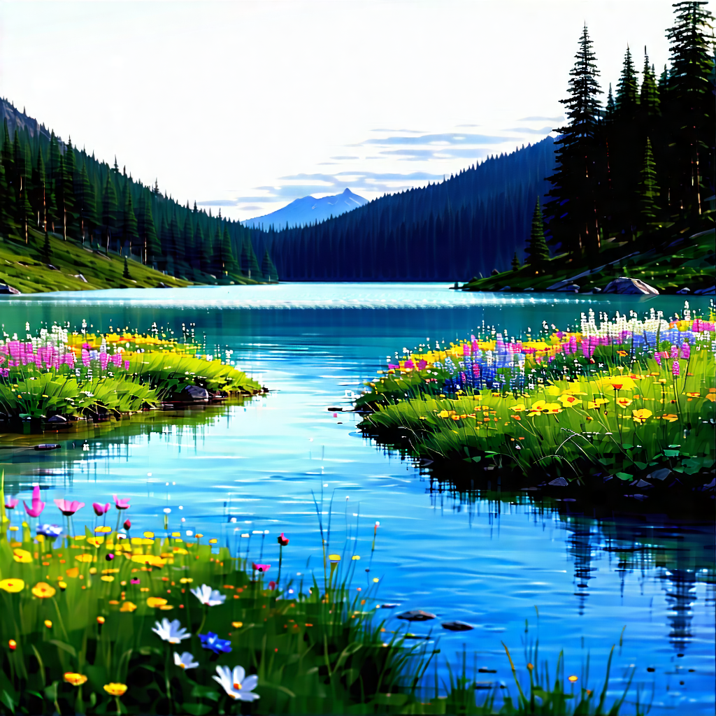 Nature Editorial Photography: Crystal Clear Lake Surrounded By Wildflowers With Serene Scene
