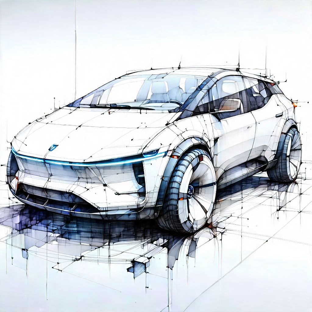 Tech Ink Drawing: Innovative Electric Vehicle Design With White Shown