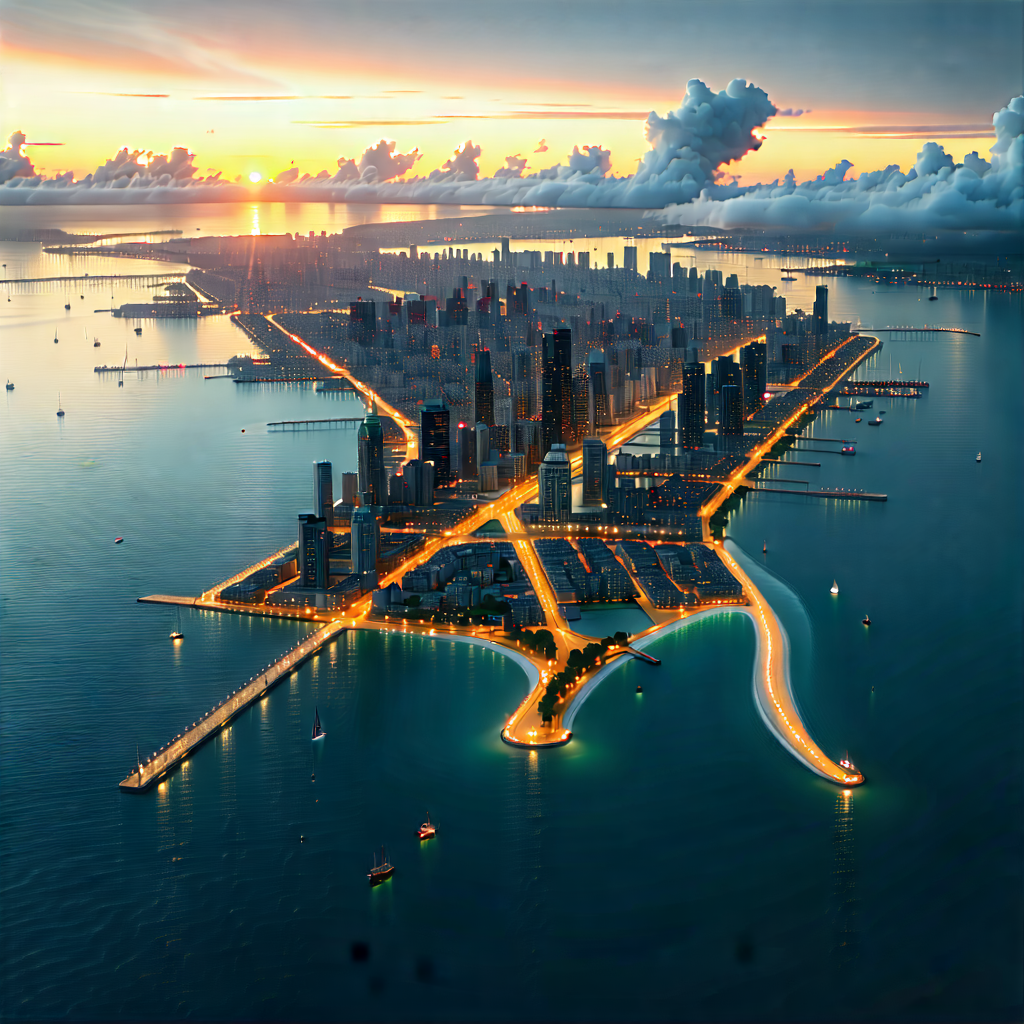 Urban 3d Render: Cityscape Of Coastal City During Sunset With Cityscape Depicted