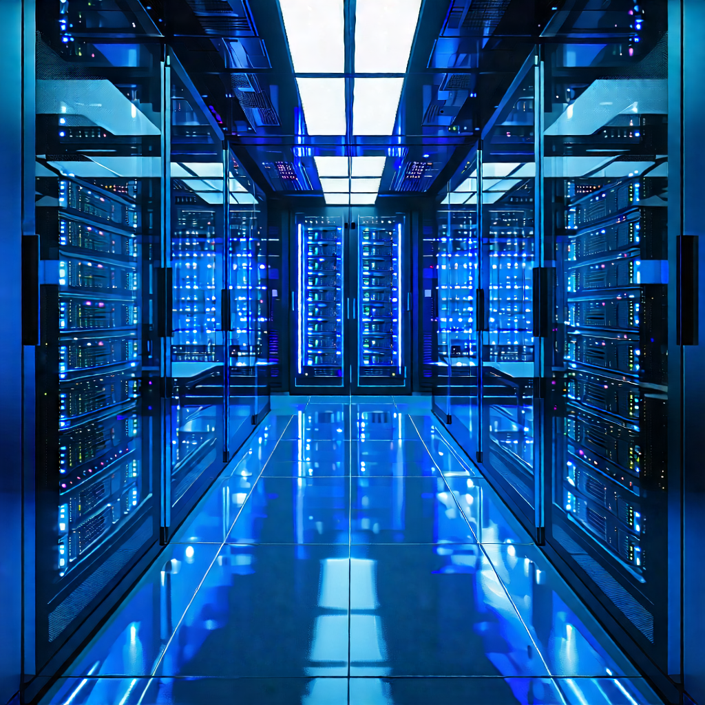 Tech Advertising Photography: (futuristic:1.48) Server Room With Image, There