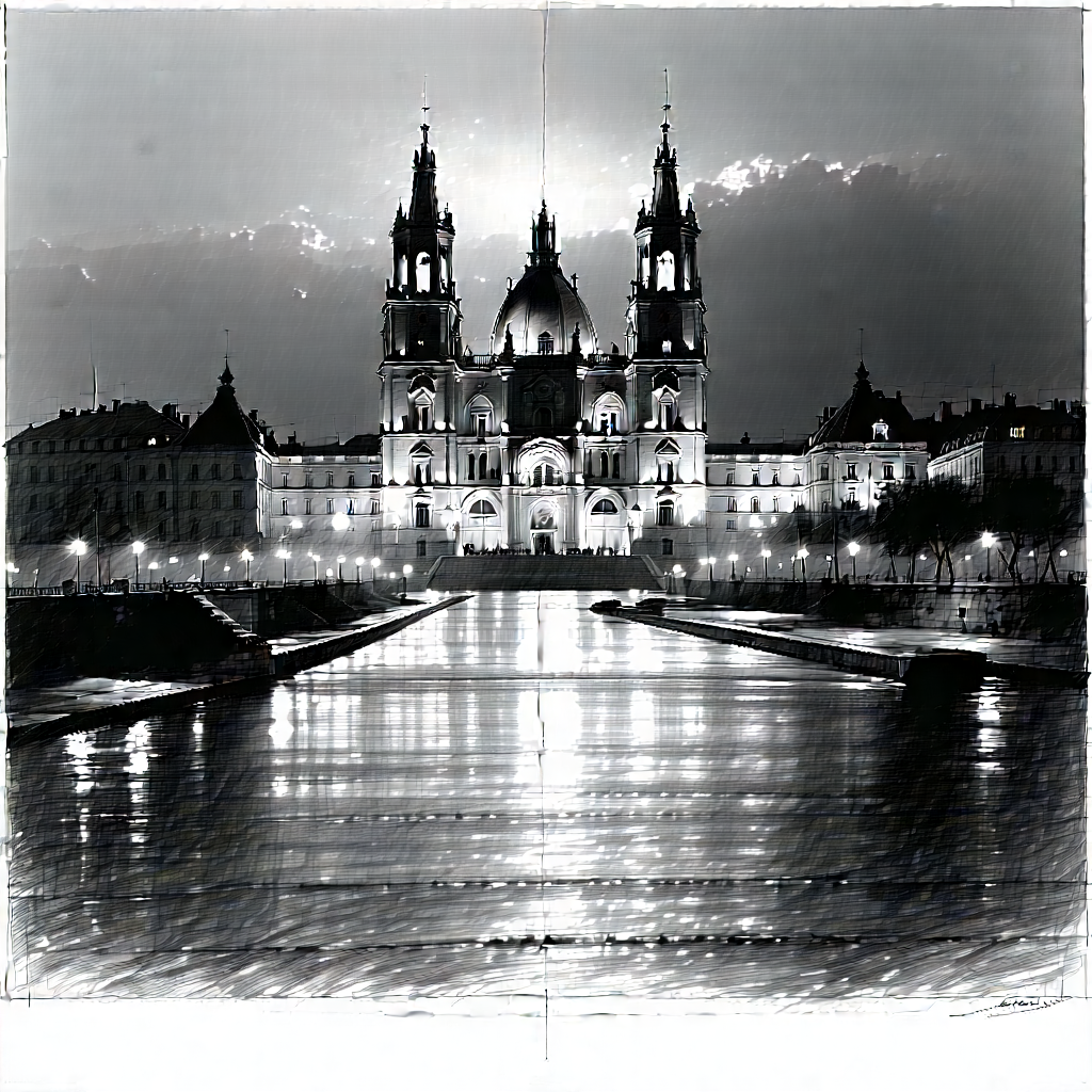 Urban Charcoal Drawing: Famous (building:1.38) with city lights
