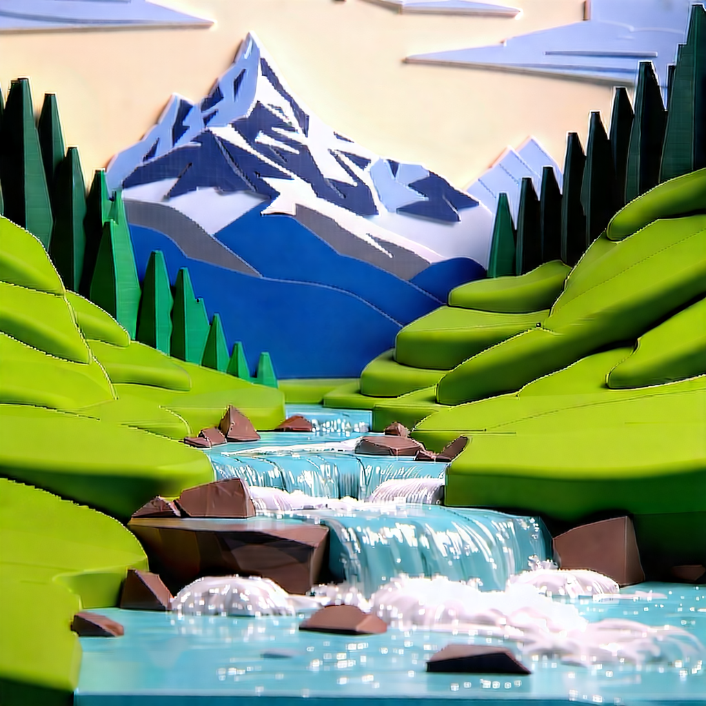 Nature 3d Render: Mountain Stream Surrounded By (mountain:1.12) Peaks With Beautifully Crafted