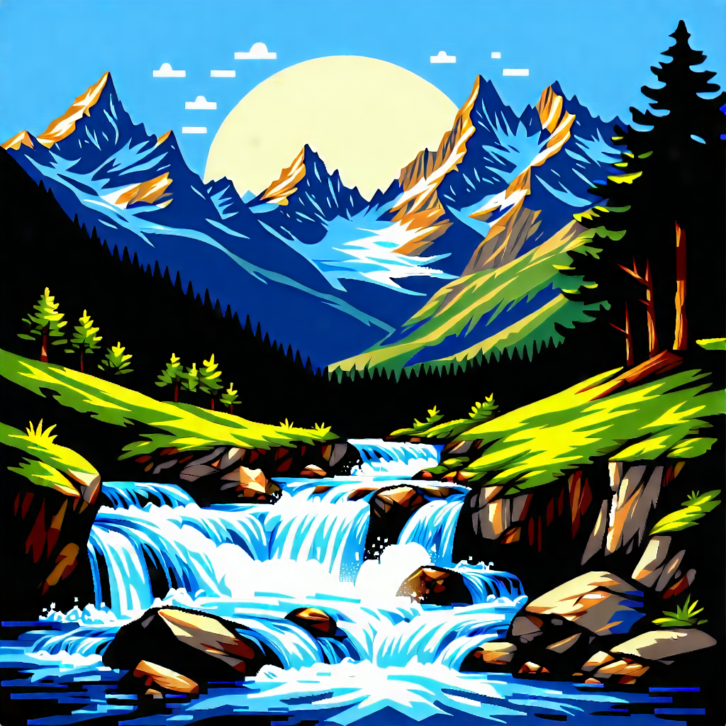 Nature Woodcut Print: Mountain Stream Surrounded By Mountain Peaks With Beautiful Mountain