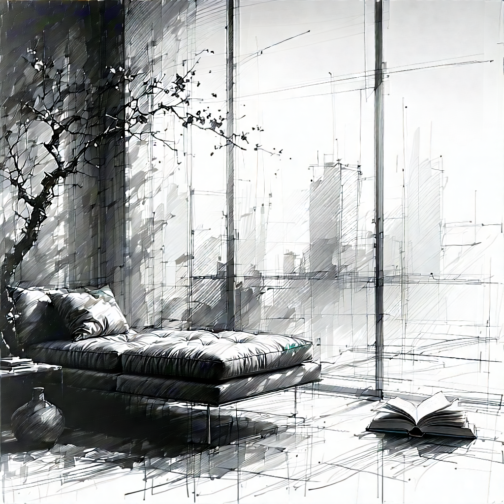 Lifestyle Charcoal Drawing: Reading Nook With Minimalist Decor With Image, There