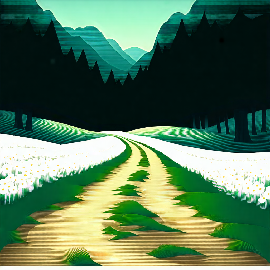 Nature Linocut Print: Path Through Flowering Meadow With Green White
