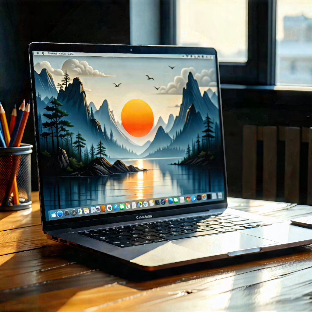 Tech Minimalist Design: Laptop With Digital Artwork With Laptop Computer