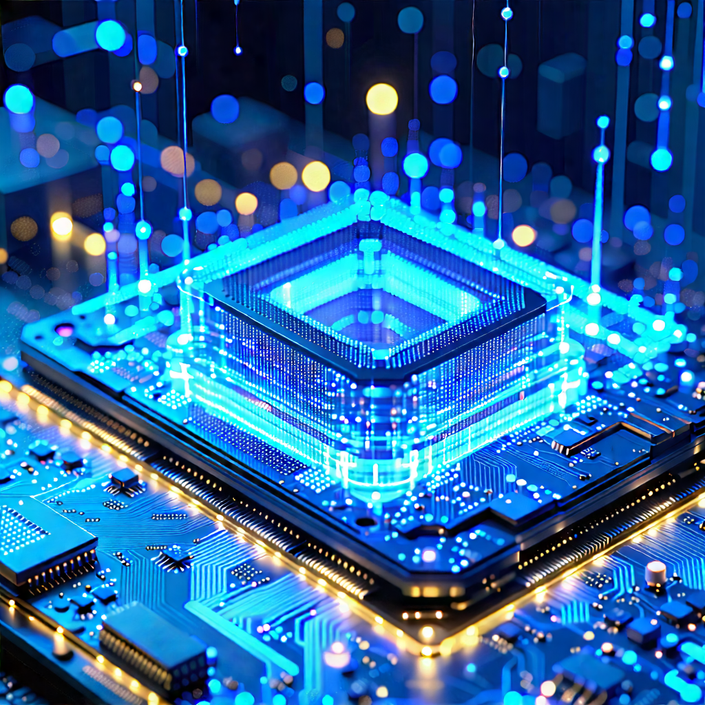 Tech Macro Photography: Quantum Computer With Blue Light Glow With Close-up Computer