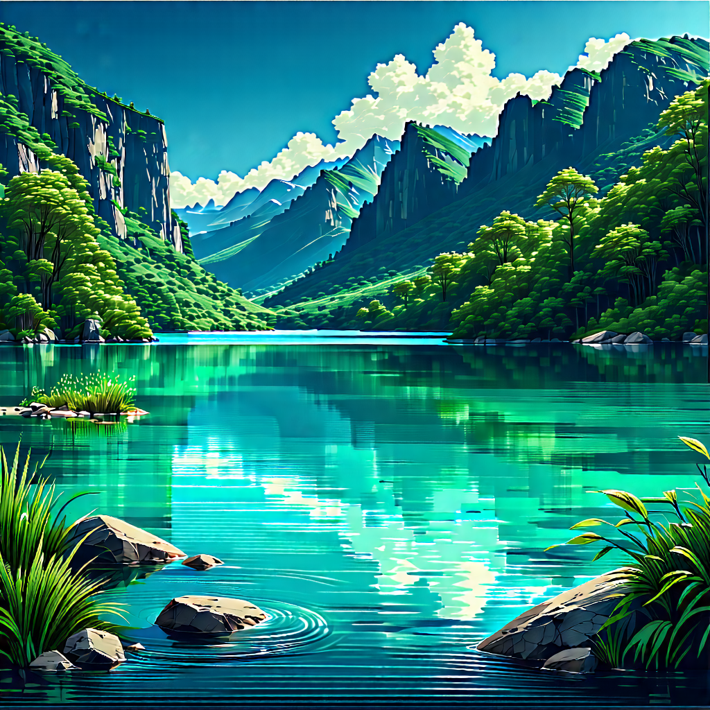 Nature Linocut Print: Crystal Clear Lake Surrounded By Lush Vegetation With Image, There