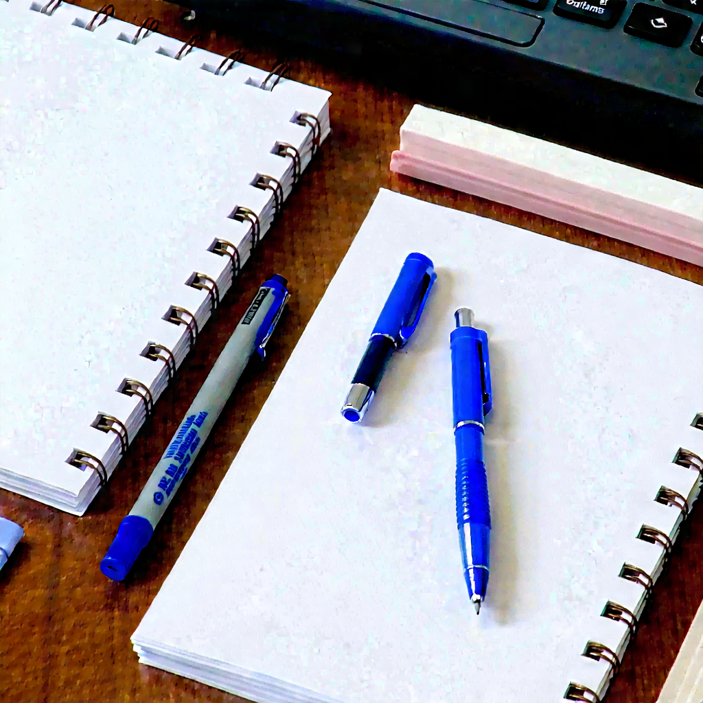 Business Macro Photography: Workplace with notebooks and pens on desk