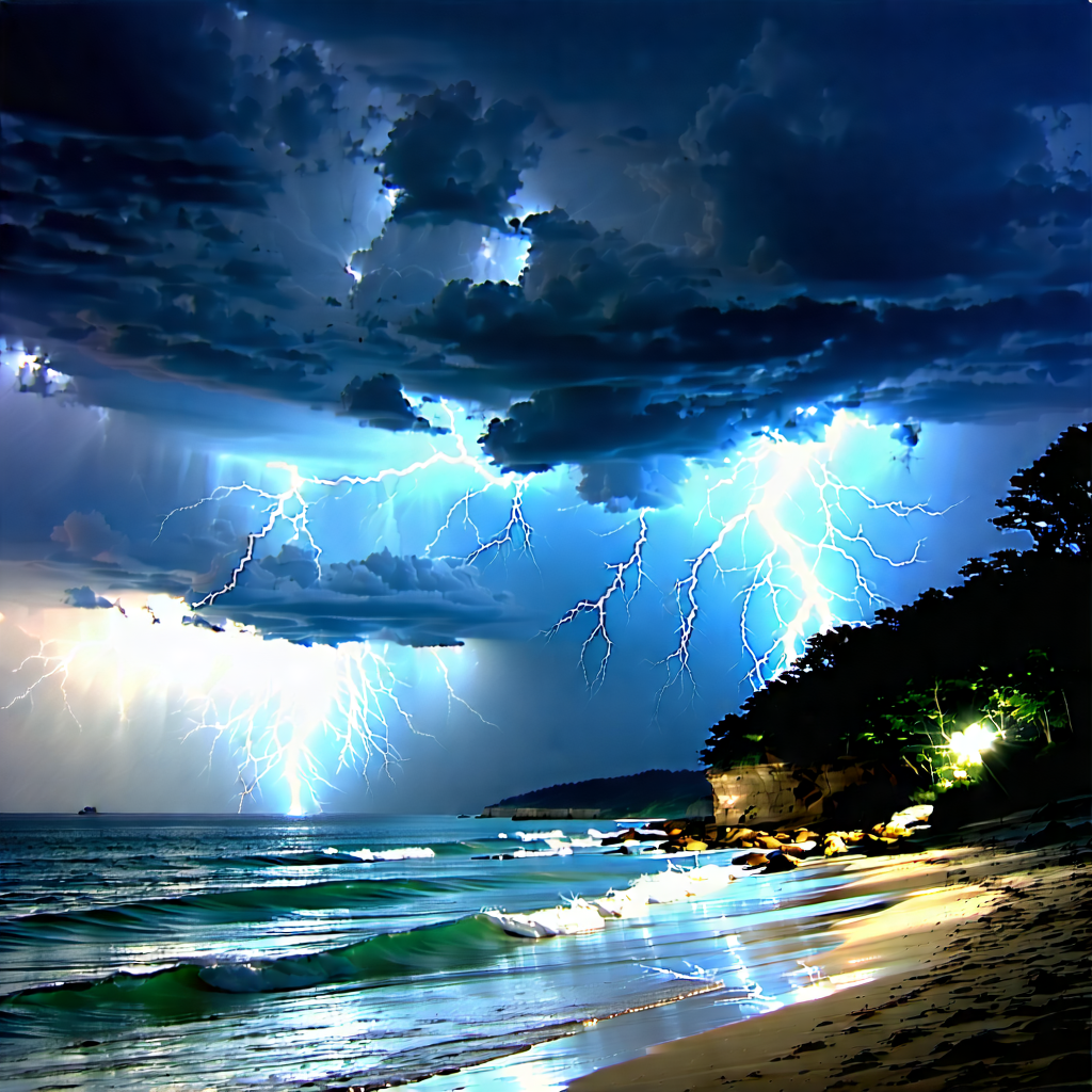 Nature Digital Illustration: Lightning Over Coastline With Captures Beautiful