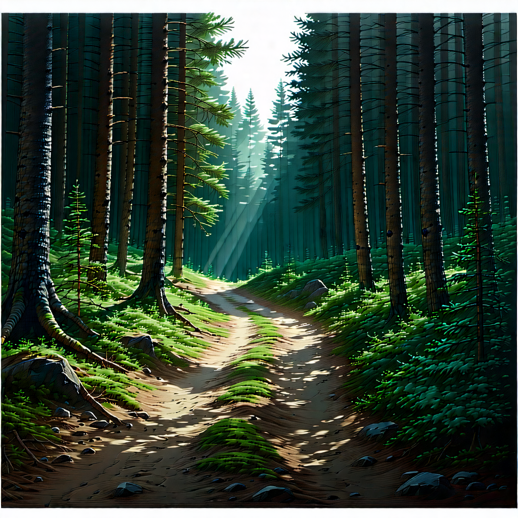 Nature Ink Drawing: Path Through Pine Forest With Image, There