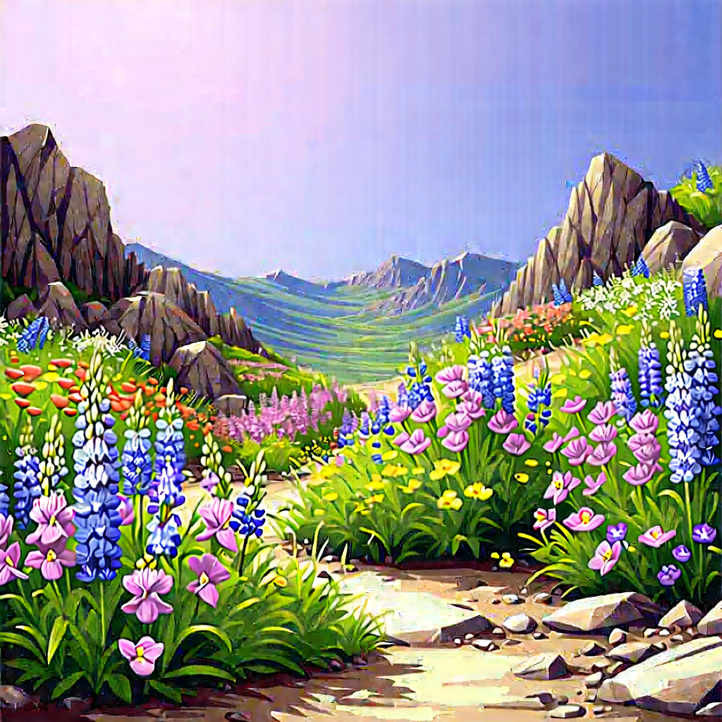 Nature Technical Illustration: Wildflowers In Rocky Terrain With Beautiful, Lush