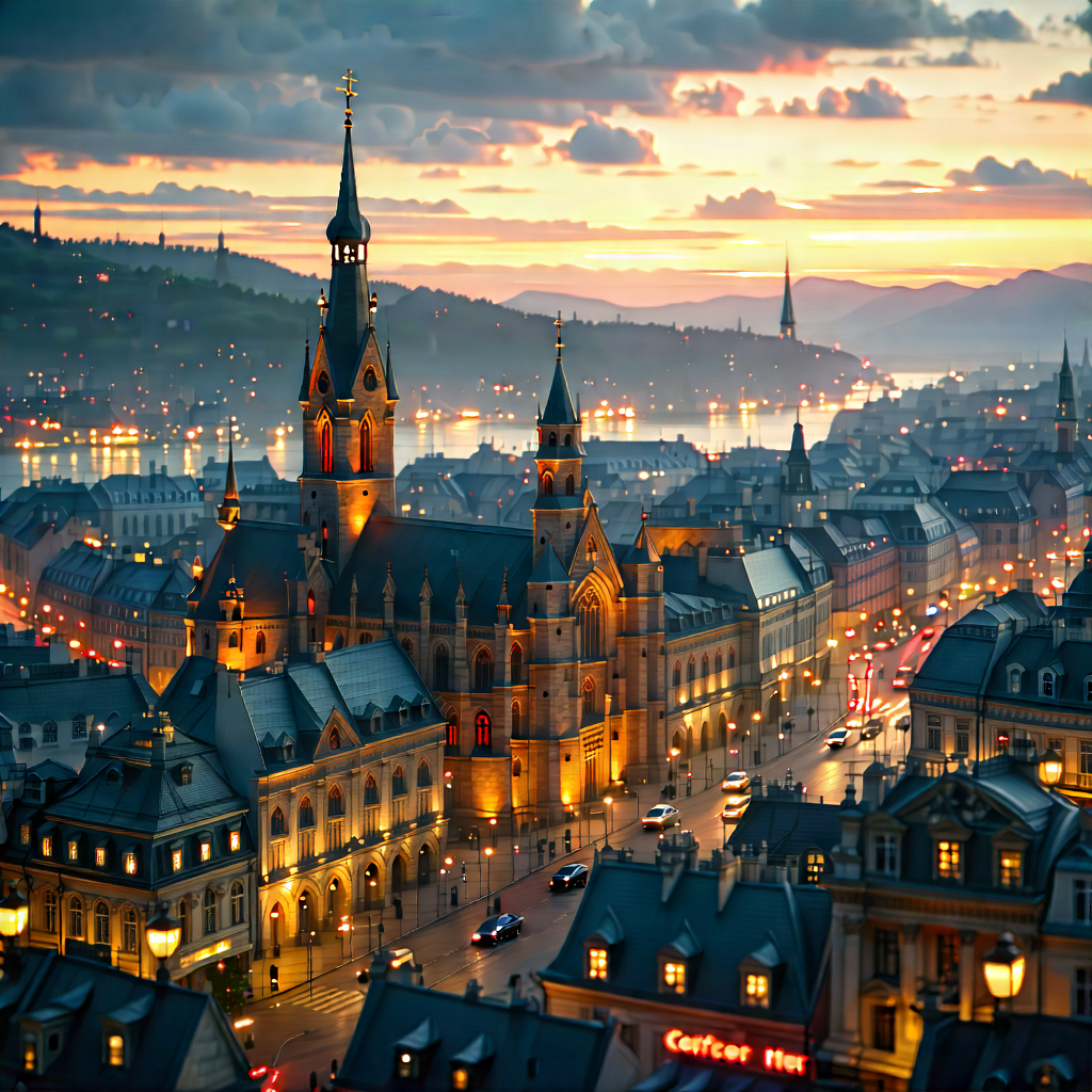 Urban Blender Artwork: Cityscape Of Historic City Center During Sunrise With Nighttime View