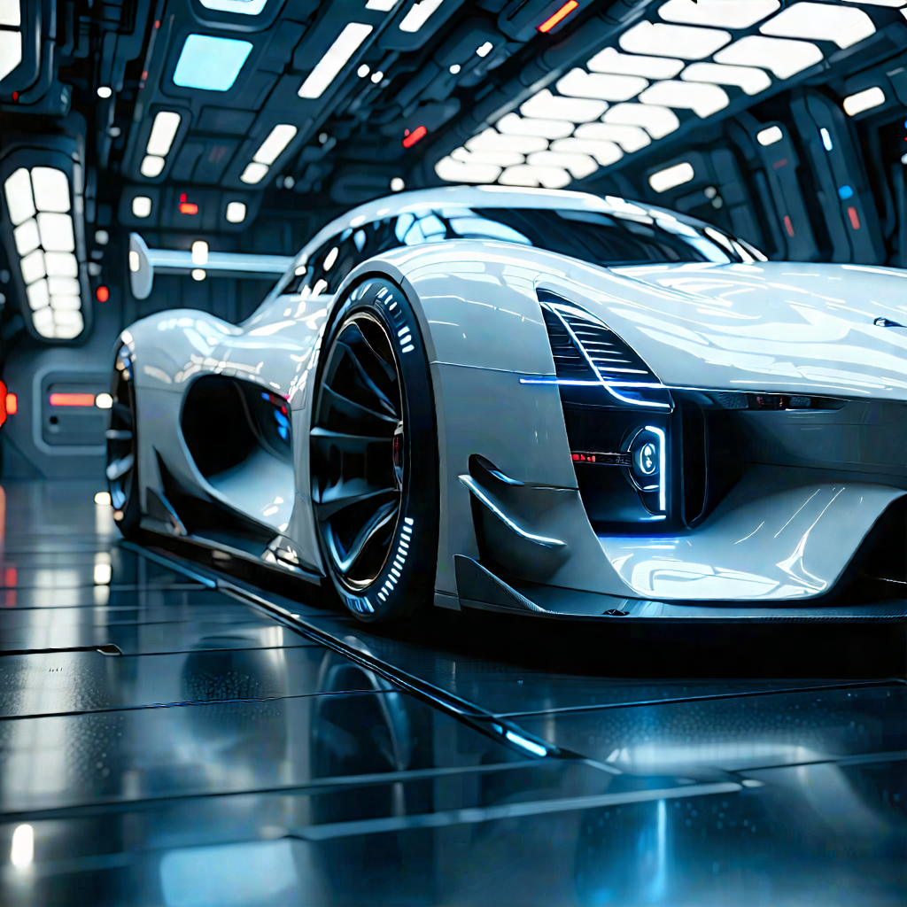 Tech Digital Art: Automotive Technology In Research Center With White Sports