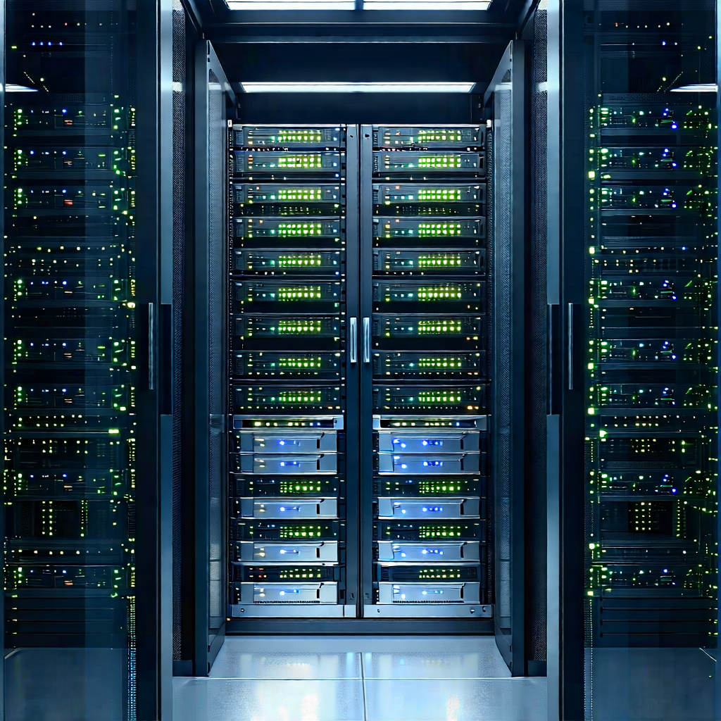 Tech Editorial Photography: Server Rack With Data Streams With Large Server