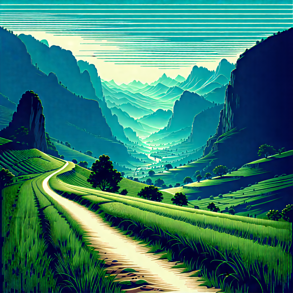 Nature Linocut Print: Valley During Midday With Painting Mountainous