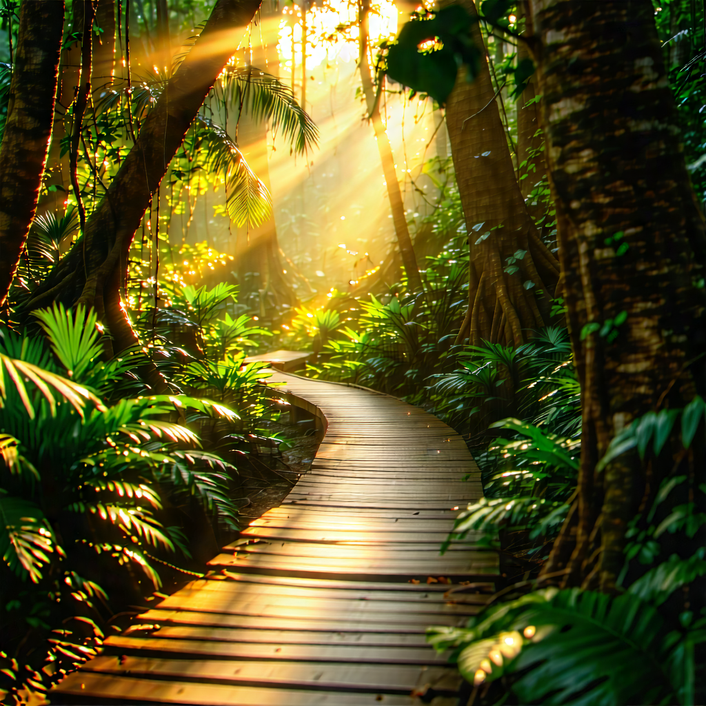 Nature Editorial Photography: Path Through Tropical Jungle With Sunlit Pathway