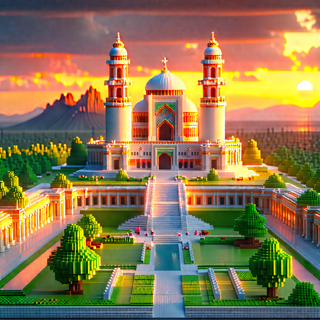 Urban Voxel Art: Historic monument with sunset glow