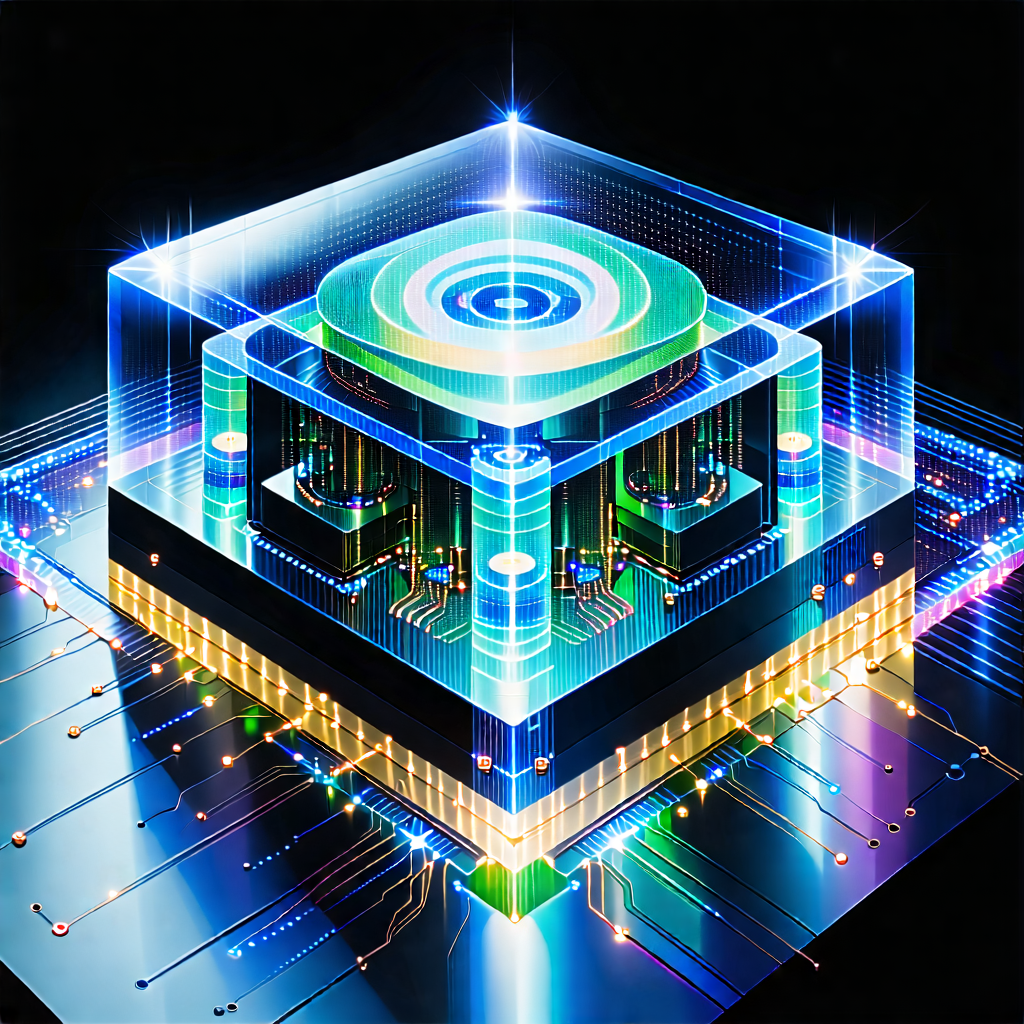 Tech Gouache Painting: Quantum computer with holographic projection