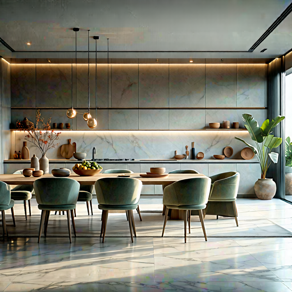 Lifestyle Pastel Drawing: Modern kitchen with comfortable textiles
