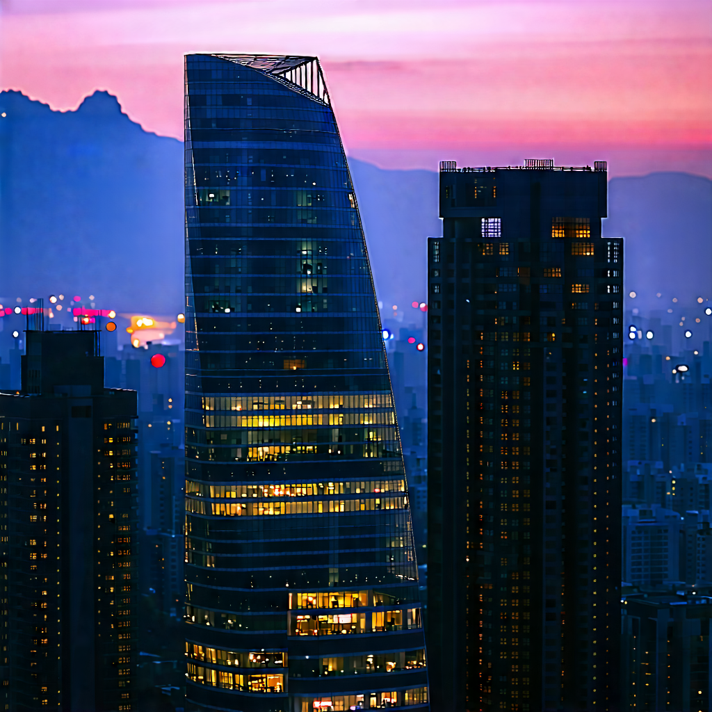 Urban Macro Photography: Cityscape Of (modern:1.2) Metropolis During Sunrise With Large, Modern