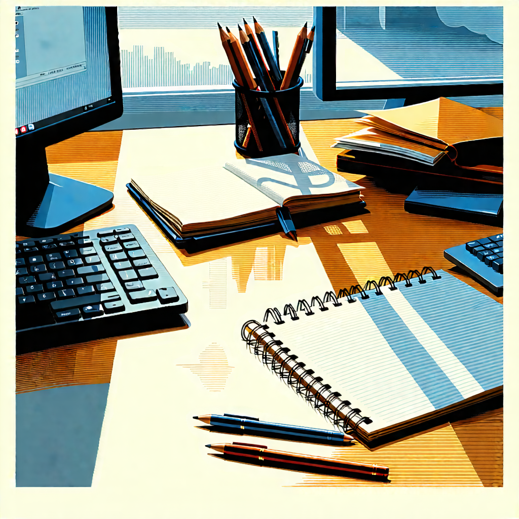Business Linocut Print: Workplace With Notebooks And Pens On Desk With Wooden Desk