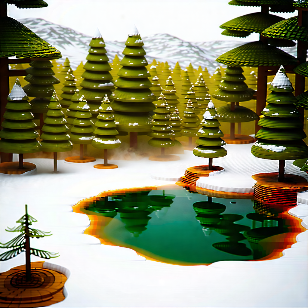 Nature Tilt-shift Photography: Hot Spring Surrounded By Snow-covered (trees:1.47) With Image, There
