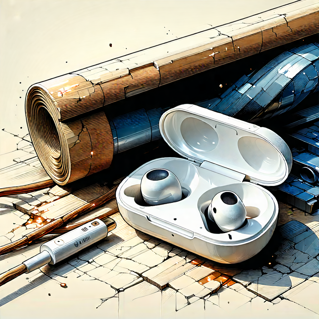 Tech Woodcut Print: Wireless Earbuds With Digital Artwork With Image, There