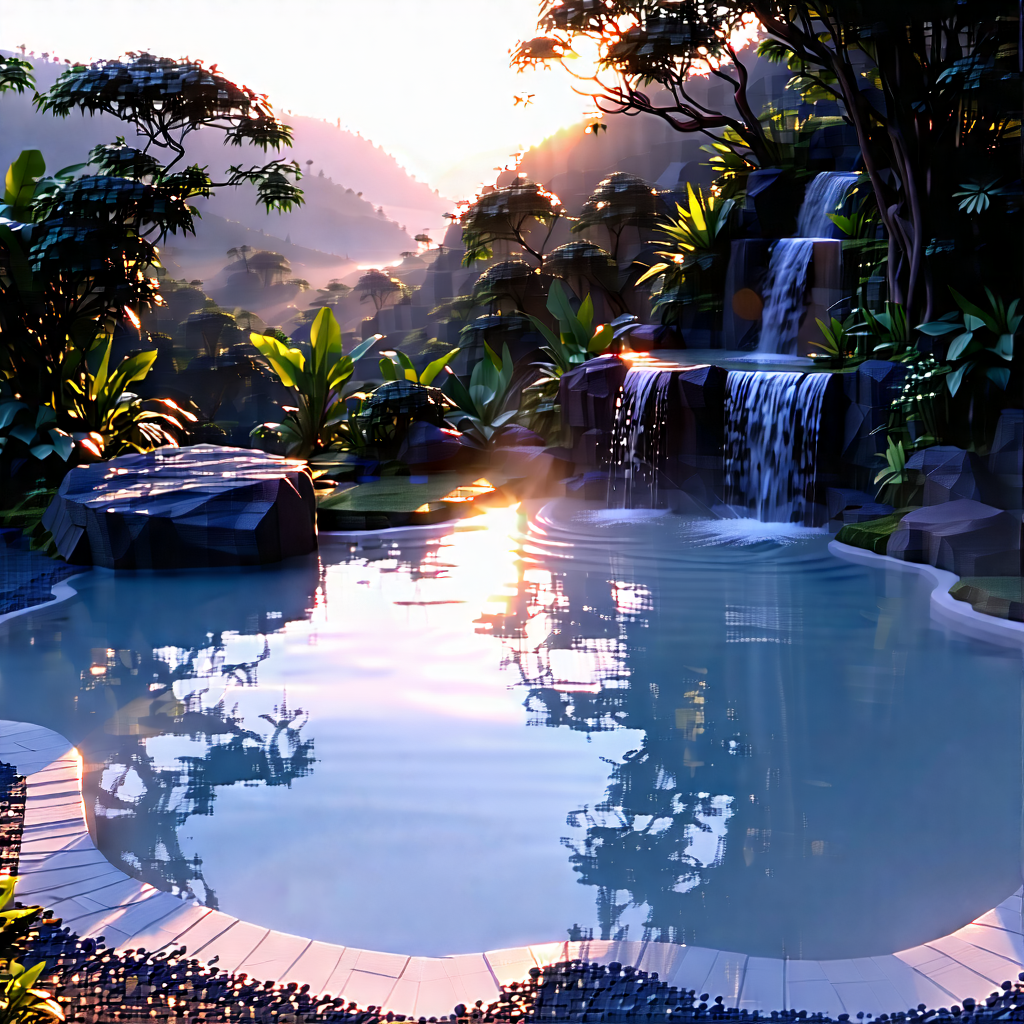 Nature Low Poly: Hot Spring Surrounded By Lush Vegetation With Image, There