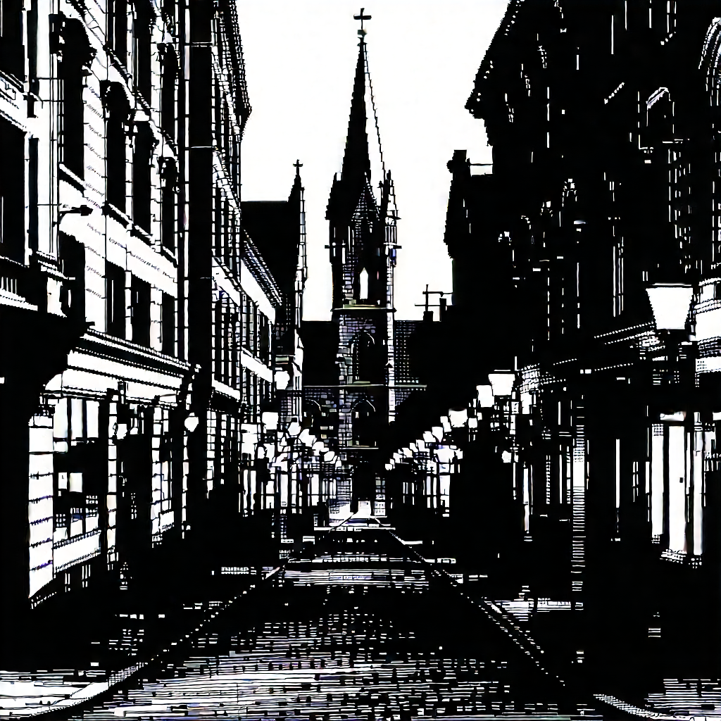 Urban Etching: Urban street with historic buildings