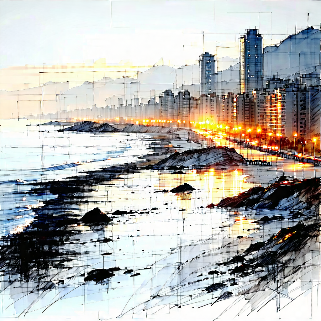 Urban Charcoal Drawing: Cityscape of coastal (city:1.13) during sunset