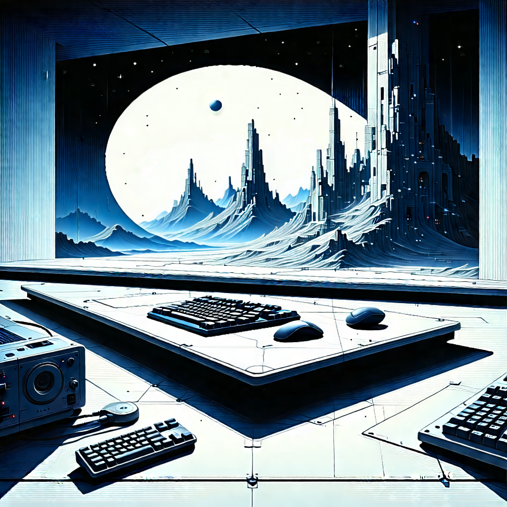 Tech Linocut Print: Futuristic Digital Workspace With Image, There
