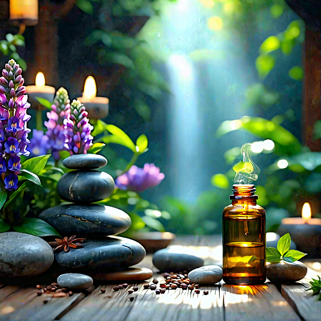 Lifestyle Matte Painting: Wellness Scene With Aromatherapy With Beautiful Garden
