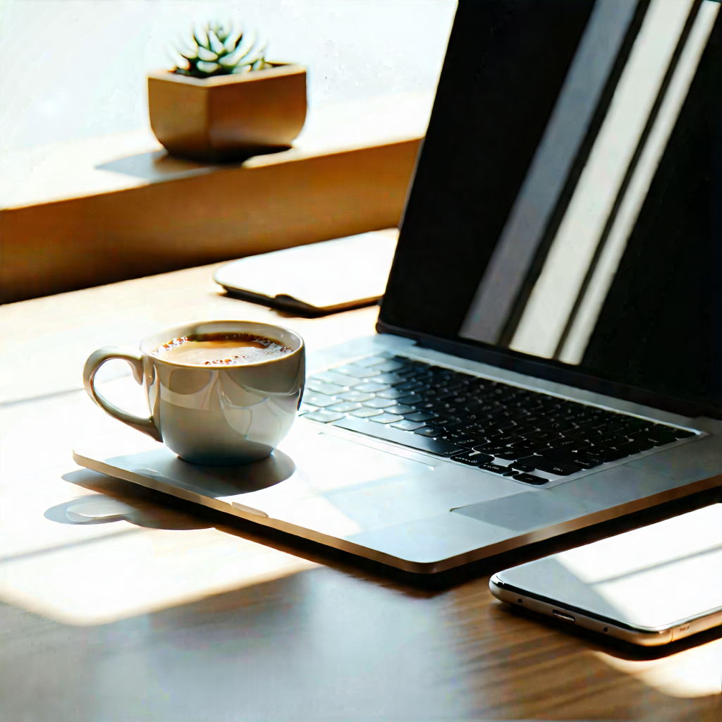 Business Abstract Design: Workplace with laptop and coffee on desk