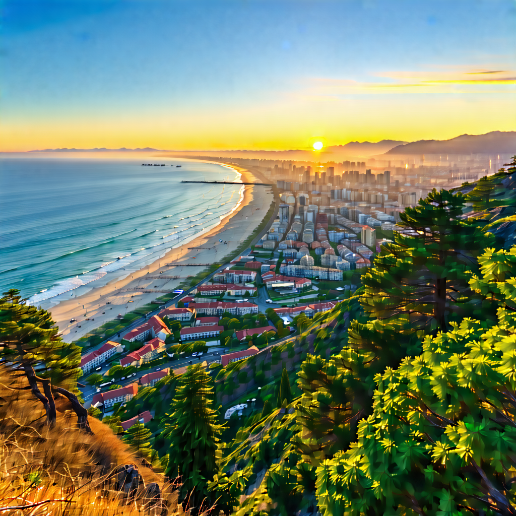 Urban Digital Illustration: Cityscape Of Coastal City During Sunset With Beautiful Sunset