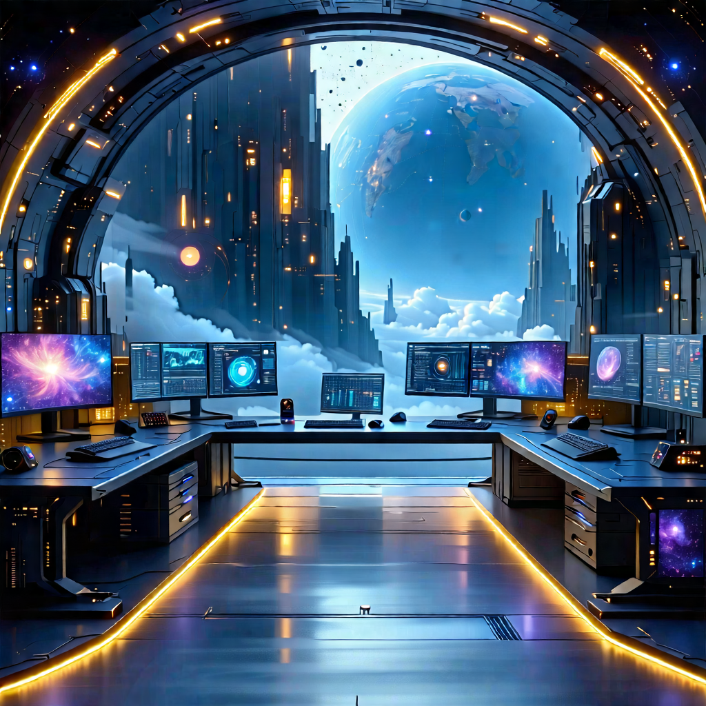 Tech Matte Painting: Futuristic Digital Workspace With Futuristic Scene,