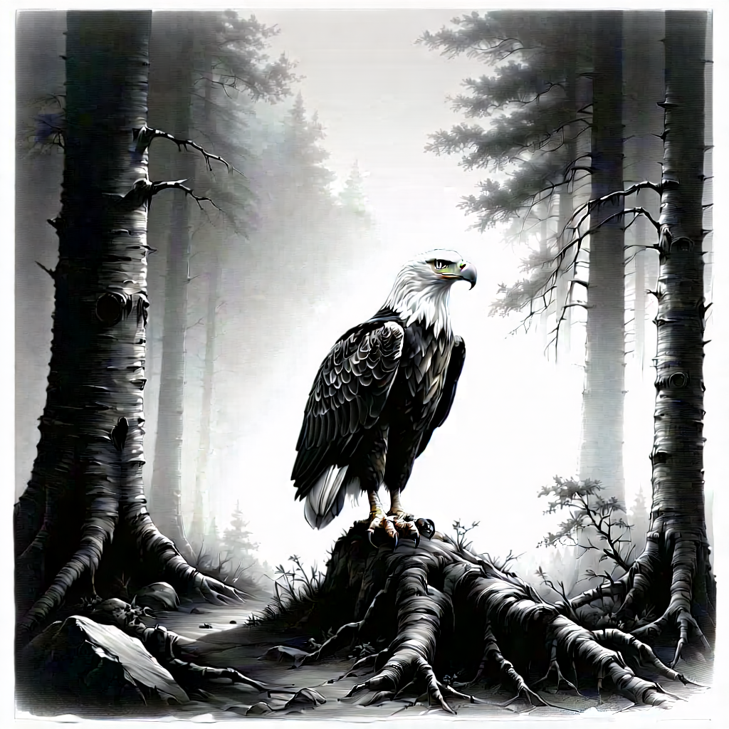 Nature Charcoal Drawing: Eagle In (forest:1.19) Environment With Majestic Bald