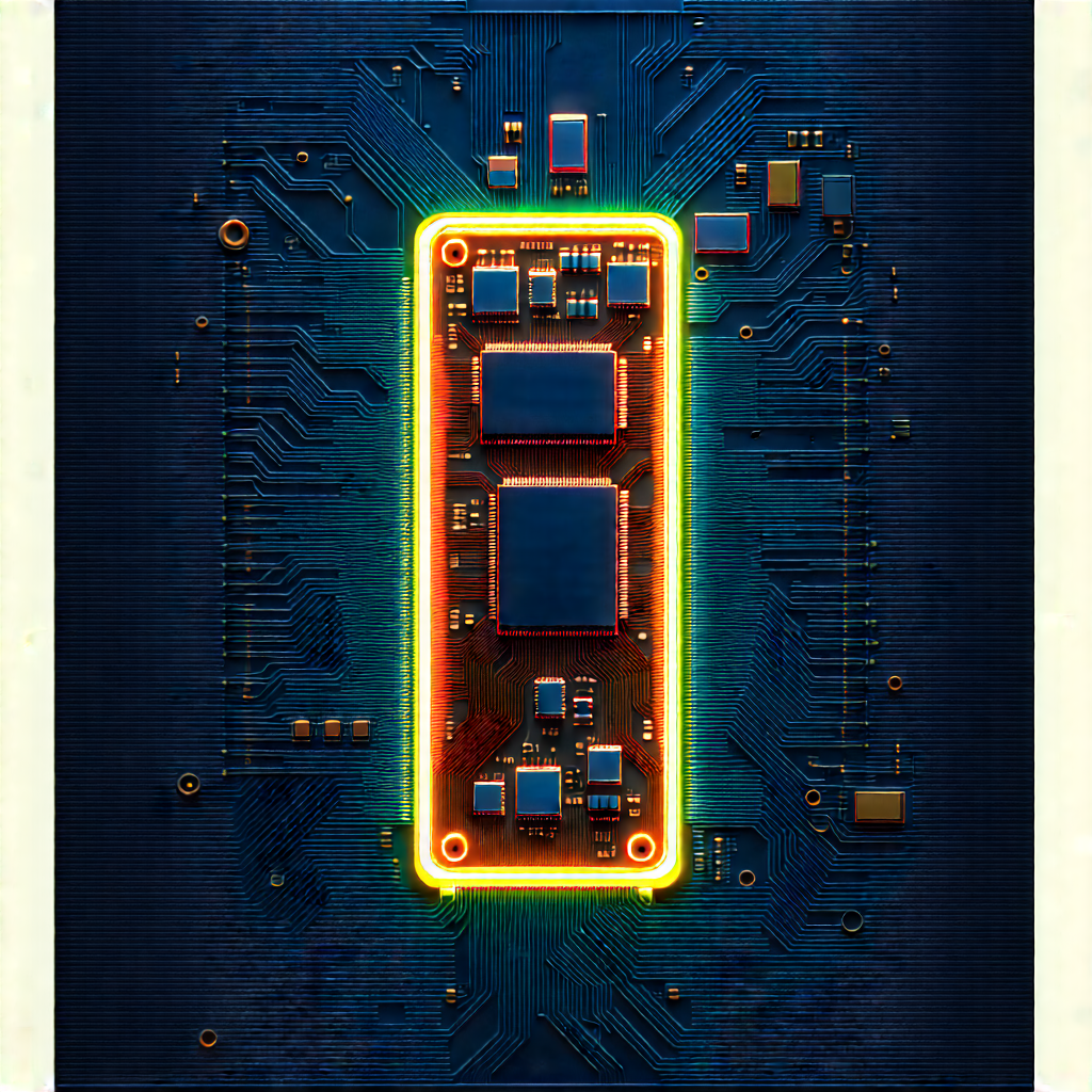 Tech Linocut Print: Circuit board with neon accents