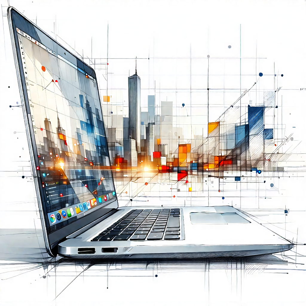 Tech Pencil Sketch: Laptop With Data Visualization With White Laptop