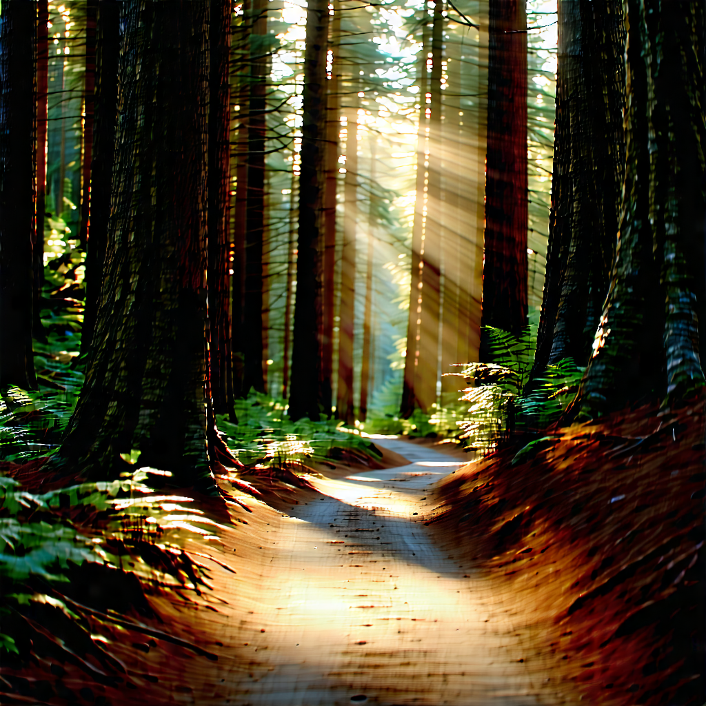Nature Advertising Photography: Path Through Redwood (forest:1.43) With Sunny Forest,