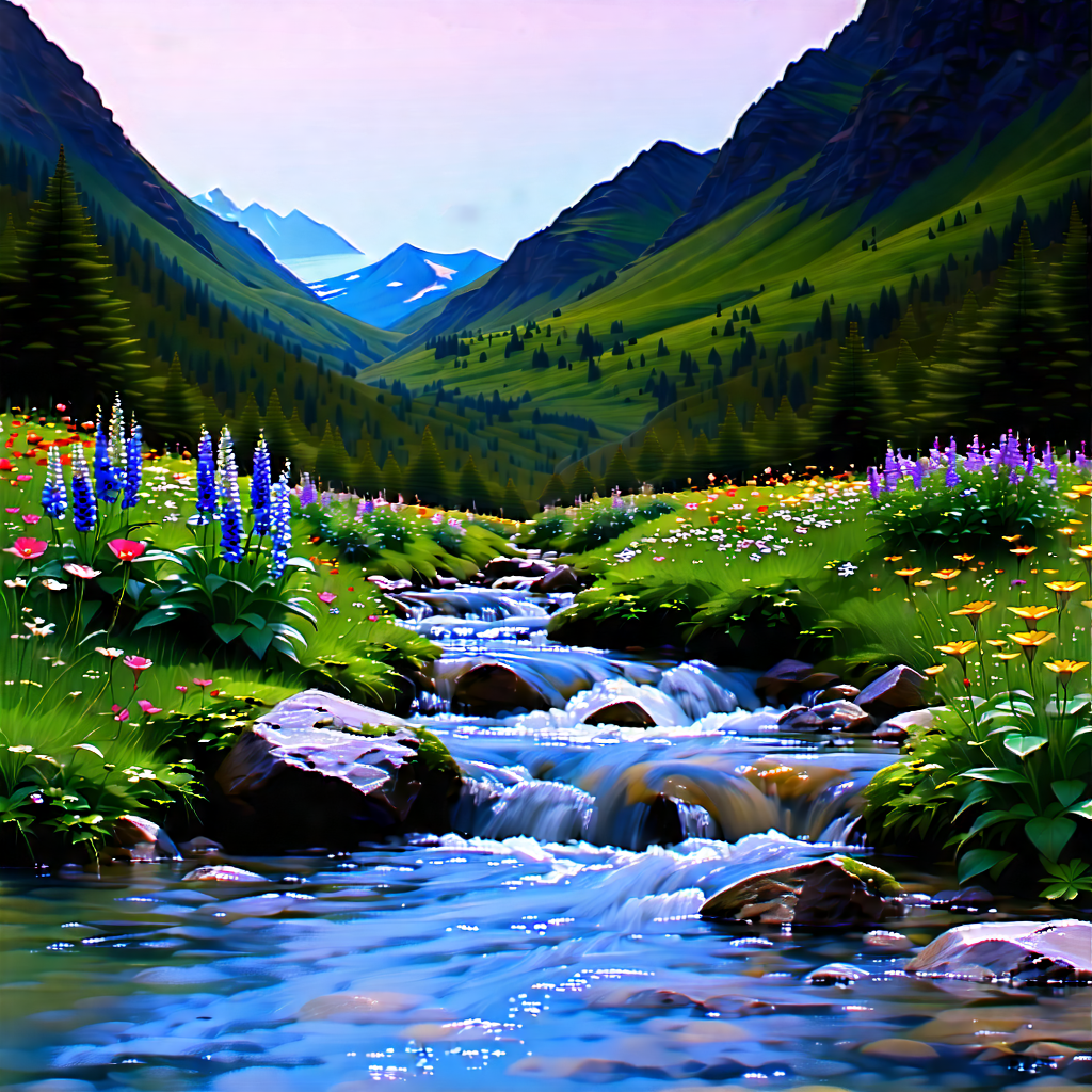 Nature Macro Photography: (mountain:1.48) Stream Surrounded By Wildflowers With Beautiful Scene